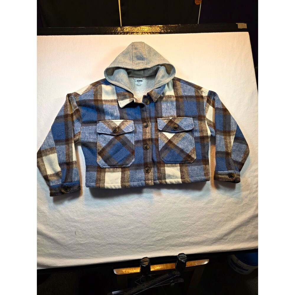 CI SONO Women’s XL Hooded Lined Shacket Jacket Button Front Blue/Brown Plaid